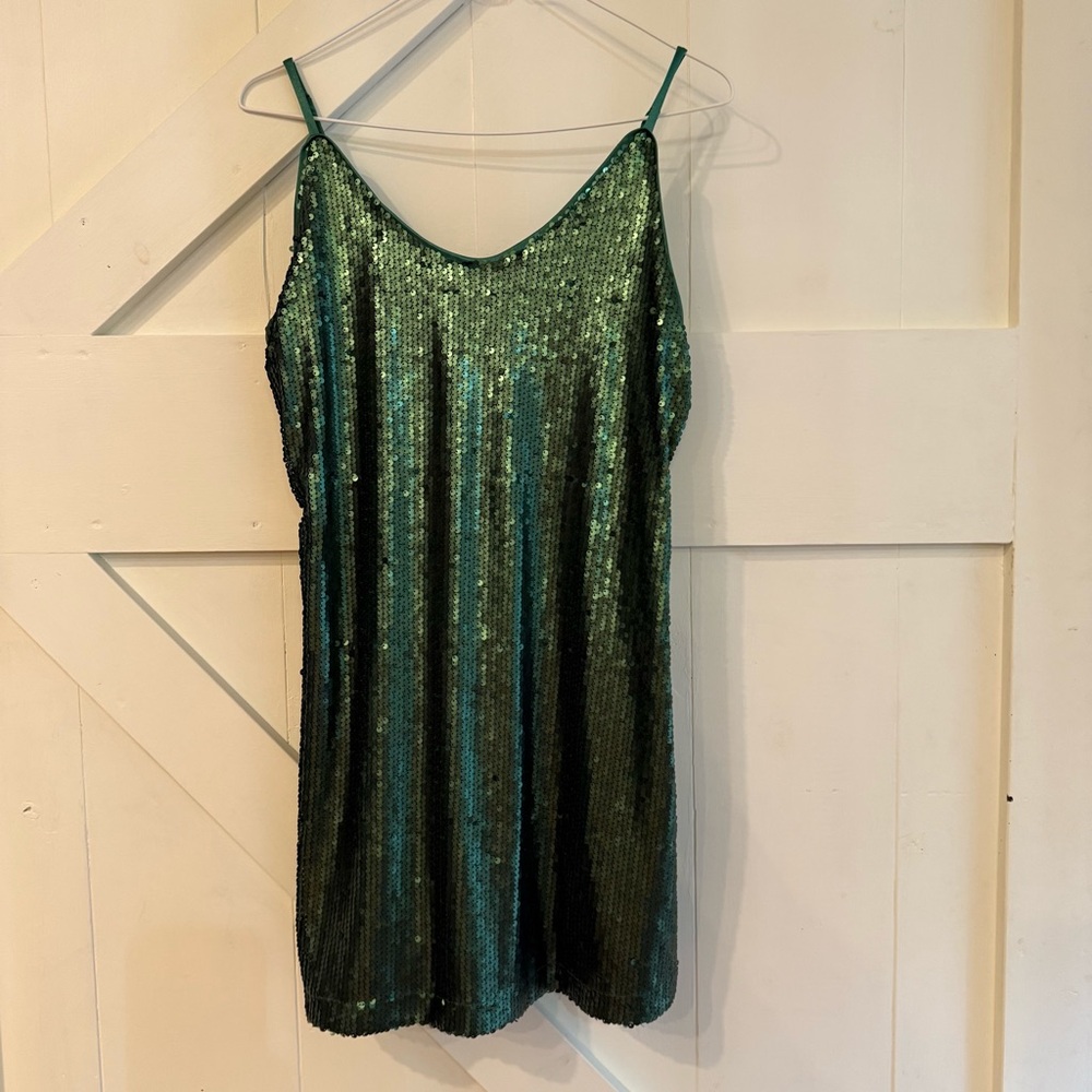 Allegra K Green Sequin V Neck Spaghetti Strap Mini Dress Small NWT